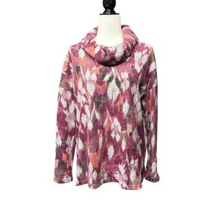 Tribal Red Plum Abstract Fuzzy-Injection Cowl Neck Knit Top Women's Medium NWT